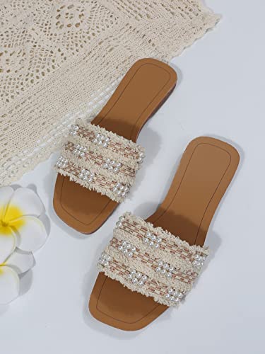 41GYqvkAVL.jpg Women's Summer Beach Flat Cute Sandals 2025 Color Block Faux Pearls Decor Leather Flat Slides