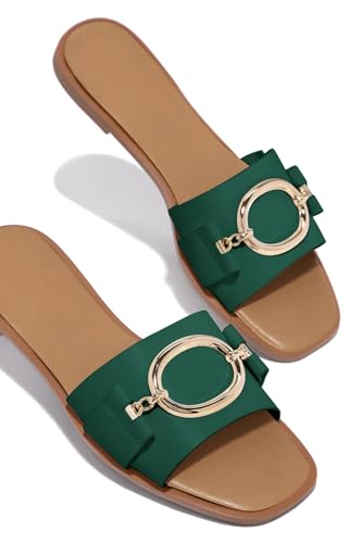 Womens Square Toe Dressy Summer Slide Sandals Flat Low Heel Big Metal Chain Slip On Party Slippers Shoes