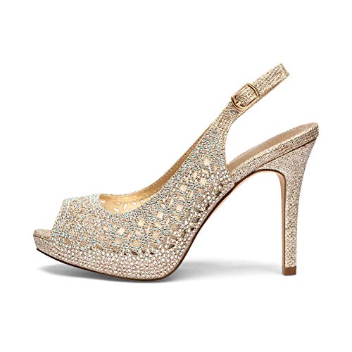 Women's High Heels Platform Dress Rhinestones Peep Toe Pumps Shoes