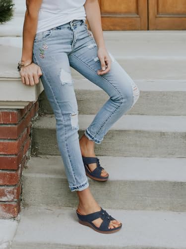 Womens Wedge Sandals Leather: Dressy Sandal, Rubber Sole, Comfortable Walking, Casual Slip on Summer Shoes, Size 5-11