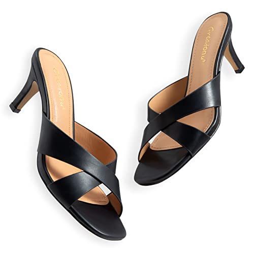 Women's Square Toe Summer Heels Mules Cross Strap Slip on 2.5 Inch kitten Heeled Sandals