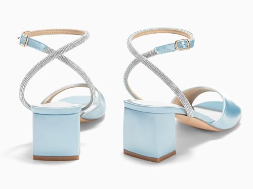 Womens Heeled Sandals Rhinestone Chunky Low Heels Satin Square Toe One Strap Ankle Buckle Dress Shoes