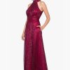 Women's Sleeveless Halter Metallic Crinkle Long Formal Dress