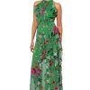 Women's Sleeveless Halter Neck Long Chiffon Floral Ruffle Dress