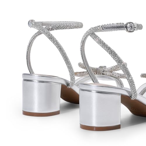 Women's Double Bowknots Crystal Sandals Low Chunky Heels Clear Slingback Dress Shoes for Wedding Bridal Party