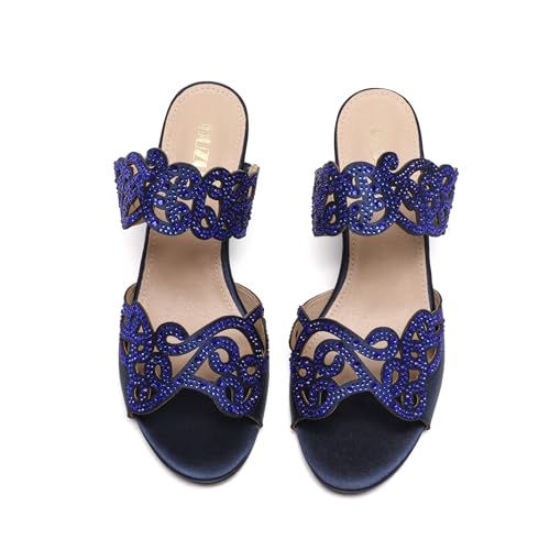 Womens Sparkly Kitten Heel Sandals,Ladies Summer Rhinestones Glitter Wedding Evening Slides Double Strap Dressy Casual Bling Low