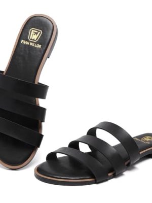 Women's Flat Sandals Dressy Open Toe Round Toe Slide Sandals Comfortable Casual Beach Slip on Slippers for Summer