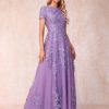 Lace Appliques Mother of The Bride Dresses Short Sleeves Long Sequin Beaded Formal Evening Prom Dress YO149