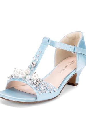 Girls Sandals Ankle Strap T-Strap Low Heel Pearl Bow Flower Pump Dress Wedding Party Shoes for Little Kid/Big Kid