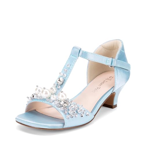 Girls Sandals Ankle Strap T-Strap Low Heel Pearl Bow Flower Pump Dress Wedding Party Shoes for Little Kid/Big Kid