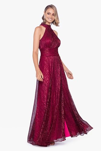 Women's Sleeveless Halter Metallic Crinkle Long Formal Dress
