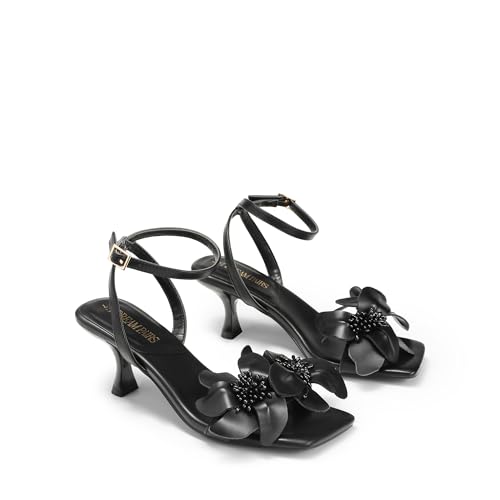 Women's Flower Wedding Heels Cute Square Toe Slingback Low Kitten Heels Sandals with Ankle Strap