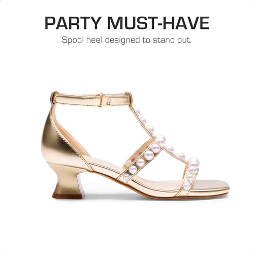 Girls Sandals Ankle Strap T-Strap Low Heel Pearl Flower Pump Dress Wedding Party Square Toe Shoes for Little Kid/Big Kid
