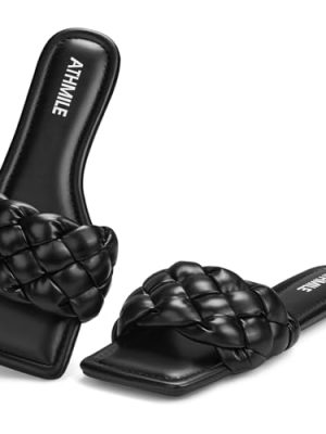 Braided Womens Sandals Square Open Toe Fashion Slide Sandals Women Dressy Summer Flat Beach 2025 Size 6-11