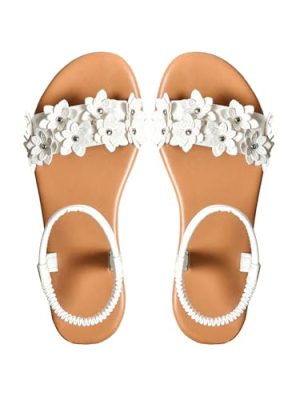Women's Summer Sandals Flower Leather Flat Sandals with Ankle Strap
