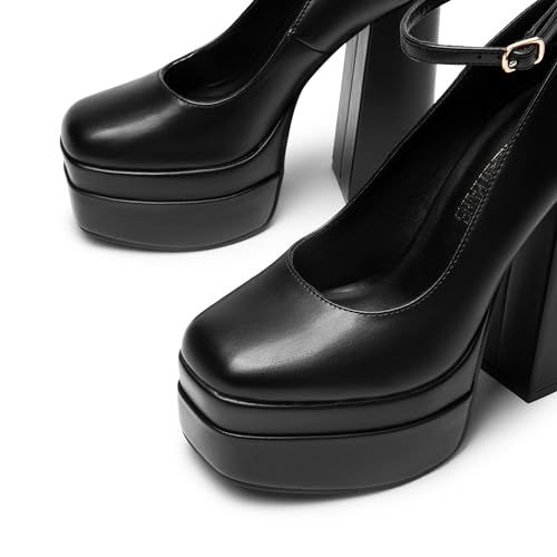 Women's Platform High Heels Closed Toe Chunky Block Pumps Square Toe Ankle Strap Dress Fashion Party Y2K Shoes