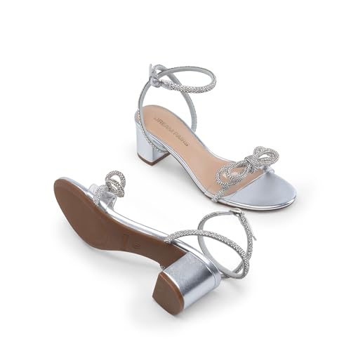 Women's Double Bowknots Crystal Sandals Low Chunky Heels Clear Slingback Dress Shoes for Wedding Bridal Party