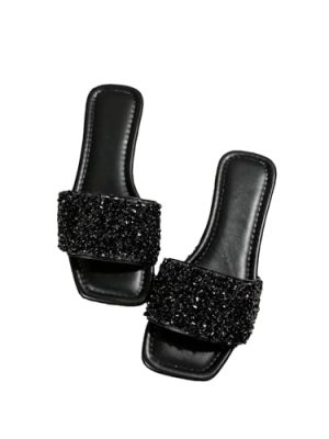 Women's Sparkly Jeweled Flat Sandals Dressy Open Toe Glitter Shiny Slippers Slip-on Shoes