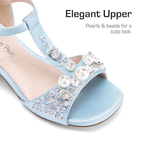 Girls Sandals Ankle Strap T-Strap Low Heel Pearl Bow Flower Pump Dress Wedding Party Shoes for Little Kid/Big Kid