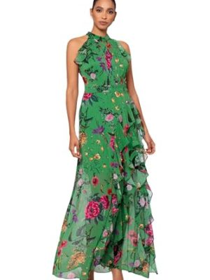 Women's Sleeveless Halter Neck Long Chiffon Floral Ruffle Dress