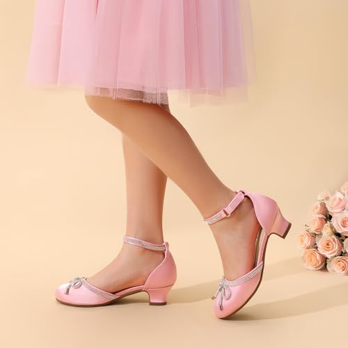 Girls Dress Shoes Closed Toe Low Heels Ankle Strap Pumps for Toddler Little Big Kid Flower Party Wedding Princess