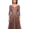 Women's Floral Lace Appliques 3/4 Sleeve Mother of The Bride Dresses Long V Neck Formal Dresses with Pockets YZTS028
