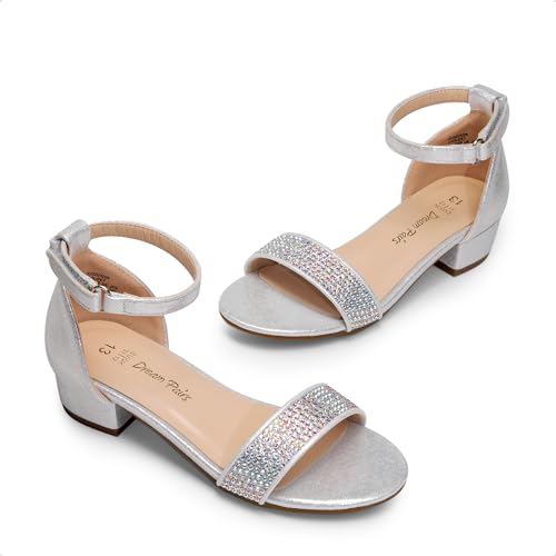 Girls Sandals Low Heel Dress Pump Ankle Strap Interchangeable Bow Flower Wedding Party Shoes for Little Kid/Big Kid