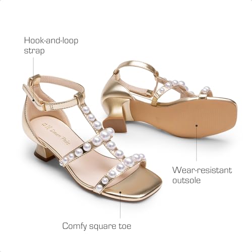 Girls Sandals Ankle Strap T-Strap Low Heel Pearl Flower Pump Dress Wedding Party Square Toe Shoes for Little Kid/Big Kid
