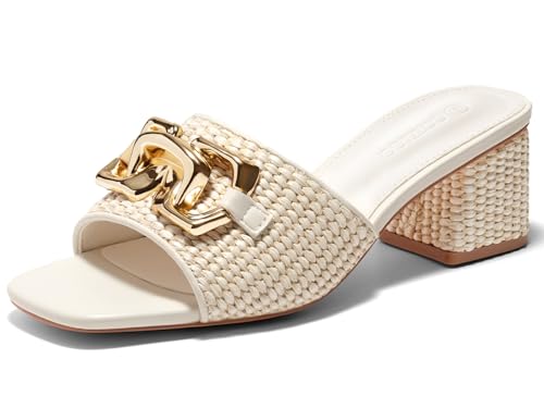 Womens Raffia Slide Sandals Chunky Block Heeled Square Open Toe Metal Chain Slip on Mules Dressy Shoes