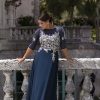 Women's Long 3/4 Sleeve Embroidered Chiffon Gown