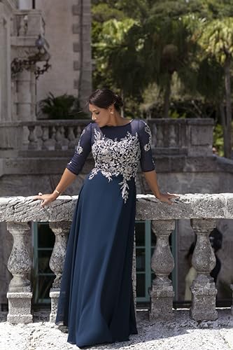 Women's Long 3/4 Sleeve Embroidered Chiffon Gown