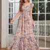 Women's Summer Floral Print Straps Sleeveless V Neck Criss Cross Backless Chiffon Beach Boho Party Long Maxi Dress