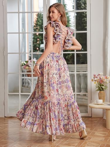 Women's Summer Floral Print Straps Sleeveless V Neck Criss Cross Backless Chiffon Beach Boho Party Long Maxi Dress