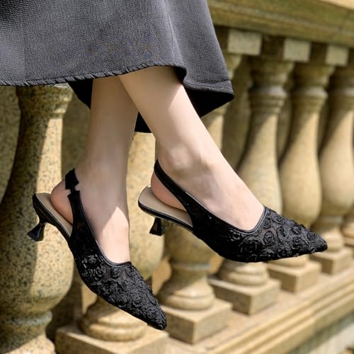 Elegant Lace Kitten Heels for Women - Slingback Pointed Toe Floral Mesh Dress Shoes - Low Heel Formal Wedding Guest Party