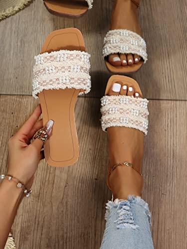 51dBVCU5PUL.jpg Women's Summer Beach Flat Cute Sandals 2025 Color Block Faux Pearls Decor Leather Flat Slides