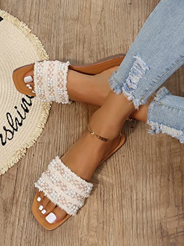 51gr9efahEL.jpg Women's Summer Beach Flat Cute Sandals 2025 Color Block Faux Pearls Decor Leather Flat Slides