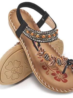 Womens Sandals Flats Shoes: Comfortable Bohemian Beaded Dressy Summer Flat Casual Ankle Strap Elastic Slip on Beach Sandal
