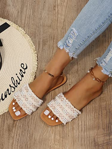 51laHok9FHL.jpg Women's Summer Beach Flat Cute Sandals 2025 Color Block Faux Pearls Decor Leather Flat Slides