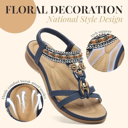 Womens Sandals Arch Support Summer Beach Sandals Comfort Walking Shoes Bohemian Flip Flops Sandals for Women